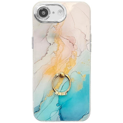 For iPhone 16e Electroplated Marble Texture Ring Holder Phone Case(Yellow Green S13) - iPhone 16e Cases by buy2fix | Online Shopping UK | buy2fix