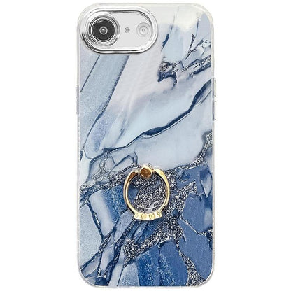 For iPhone 16e Electroplated Marble Texture Ring Holder Phone Case(Navy Blue S17) - iPhone 16e Cases by buy2fix | Online Shopping UK | buy2fix