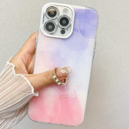 For iPhone 16e Electroplated Marble Texture Ring Holder Phone Case(Navy Blue S17) - iPhone 16e Cases by buy2fix | Online Shopping UK | buy2fix
