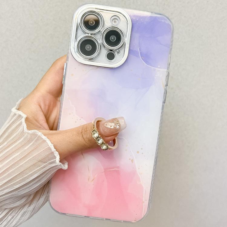 For iPhone 16e Electroplated Marble Texture Ring Holder Phone Case(Pink S2) - iPhone 16e Cases by buy2fix | Online Shopping UK | buy2fix