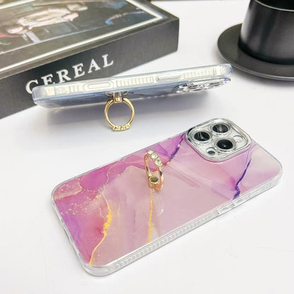 For iPhone 16e Electroplated Marble Texture Ring Holder Phone Case(Blue Purple S10) - iPhone 16e Cases by buy2fix | Online Shopping UK | buy2fix