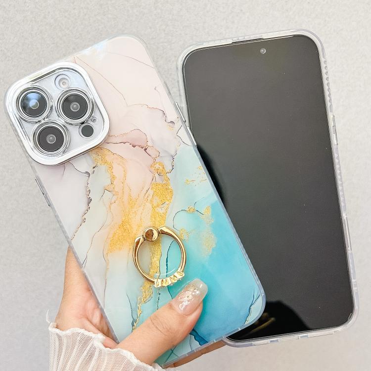 For iPhone 16e Electroplated Marble Texture Ring Holder Phone Case(Dark Blue S16) - iPhone 16e Cases by buy2fix | Online Shopping UK | buy2fix
