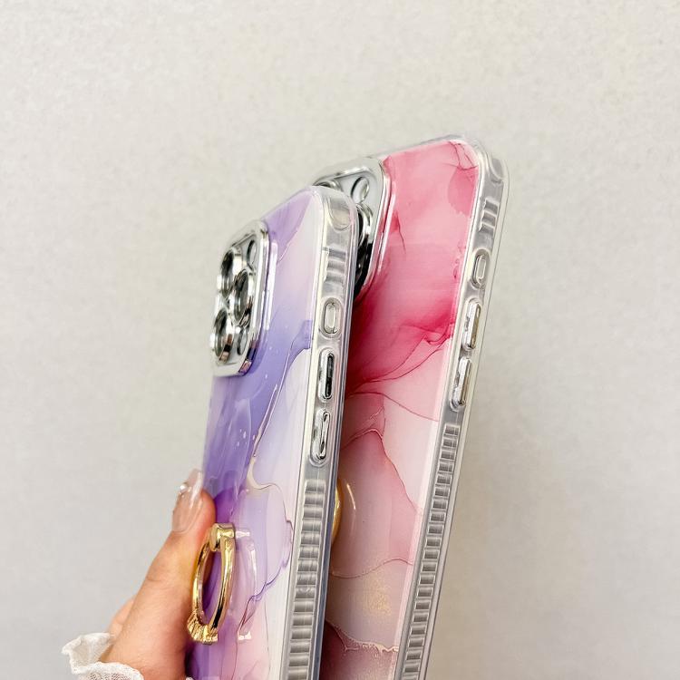 For iPhone 16e Electroplated Marble Texture Ring Holder Phone Case(Pink Purple S4) - iPhone 16e Cases by buy2fix | Online Shopping UK | buy2fix