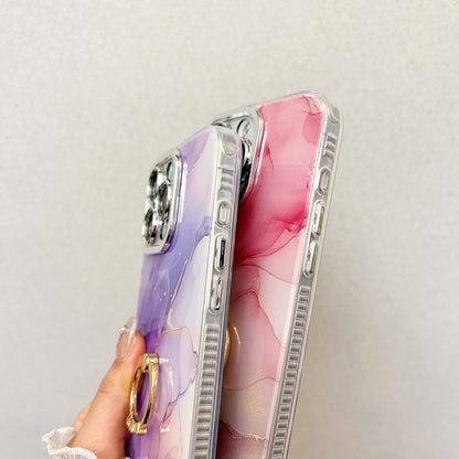 For iPhone 16e Electroplated Marble Texture Ring Holder Phone Case(Light Purple S6) - iPhone 16e Cases by buy2fix | Online Shopping UK | buy2fix