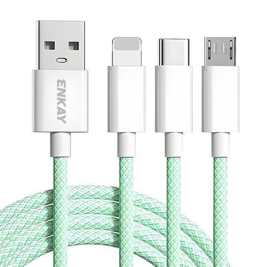 ENKAY CB173 3-in-1 Candy Color 60W USB to 8 Pin / Type-C / Micro USB Charging Data Cable, Length:2m(Green)