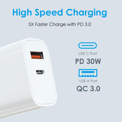 NORTHJO NOPD3002 USB-C / Type-C PD 30W + QC3.0 USB Dual Port Wall Fast Charger US Plug(White) - USB Charger by NORTHJO | Online Shopping UK | buy2fix