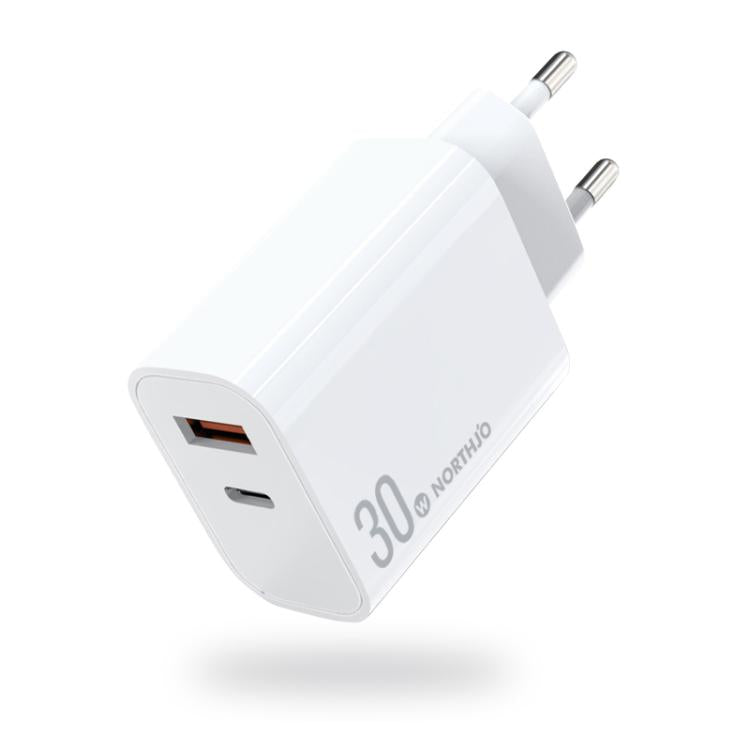 NORTHJO NOPD3002 USB-C / Type-C PD 30W + QC3.0 USB Dual Port Wall Fast Charger EU Plug(White) - USB Charger by NORTHJO | Online Shopping UK | buy2fix
