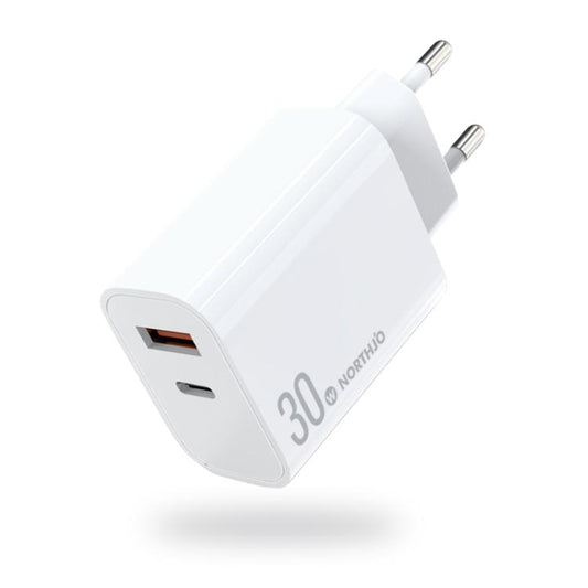 NORTHJO NOPD3002 USB-C / Type-C PD 30W + QC3.0 USB Dual Port Wall Fast Charger EU Plug(White) - USB Charger by NORTHJO | Online Shopping UK | buy2fix