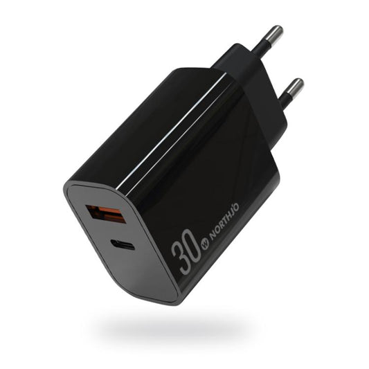 NORTHJO NOPD3002 USB-C / Type-C PD 30W + QC3.0 USB Dual Port Wall Fast Charger EU Plug(Black) - USB Charger by NORTHJO | Online Shopping UK | buy2fix