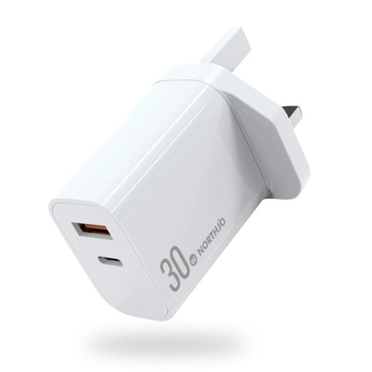NORTHJO NOPD3002 USB-C / Type-C PD 30W + QC3.0 USB Dual Port Wall Fast Charger UK Plug(White) - USB Charger by NORTHJO | Online Shopping UK | buy2fix