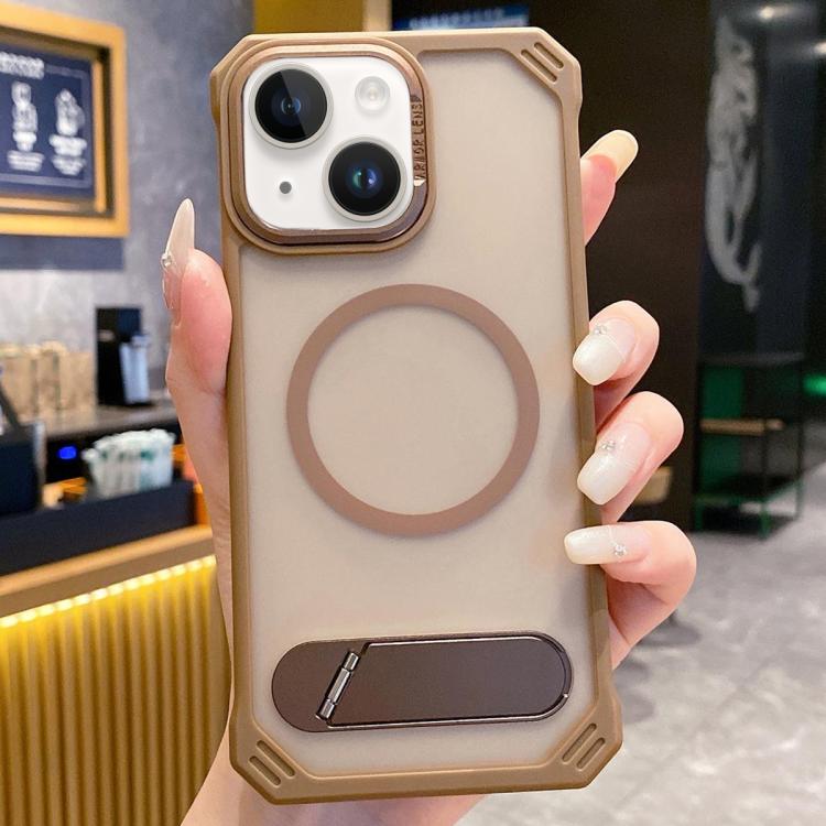 For iPhone 13 Skin Feel Frameless MagSafe PC Phone Case with Fold Holder(Desert Gold) - iPhone 13 Cases by buy2fix | Online Shopping UK | buy2fix