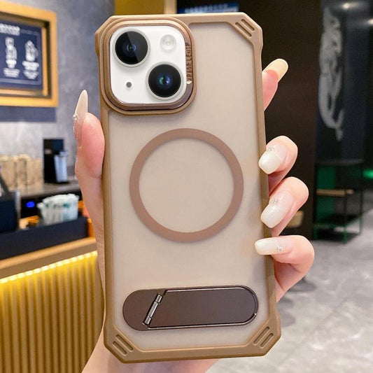 For iPhone 13 Skin Feel Frameless MagSafe PC Phone Case with Fold Holder(Desert Gold) - iPhone 13 Cases by buy2fix | Online Shopping UK | buy2fix