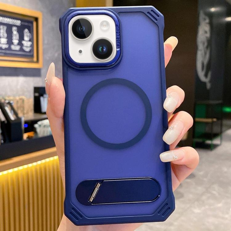 For iPhone 13 Skin Feel Frameless MagSafe PC Phone Case with Fold Holder(Blue) - iPhone 13 Cases by buy2fix | Online Shopping UK | buy2fix