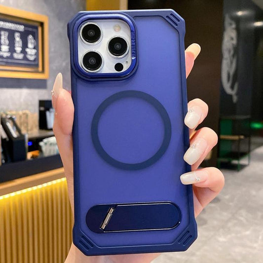 For iPhone 14 Pro Skin Feel Frameless MagSafe PC Phone Case with Fold Holder(Blue) - iPhone 14 Pro Cases by buy2fix | Online Shopping UK | buy2fix