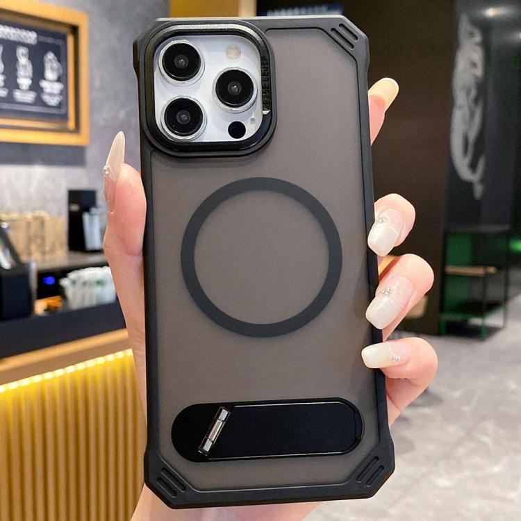 For iPhone 14 Pro Max Skin Feel Frameless MagSafe PC Phone Case with Fold Holder(Black) - iPhone 14 Pro Max Cases by buy2fix | Online Shopping UK | buy2fix