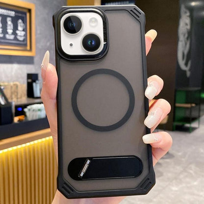 For iPhone 15 Skin Feel Frameless MagSafe PC Phone Case with Fold Holder(Black) - iPhone 15 Cases by buy2fix | Online Shopping UK | buy2fix