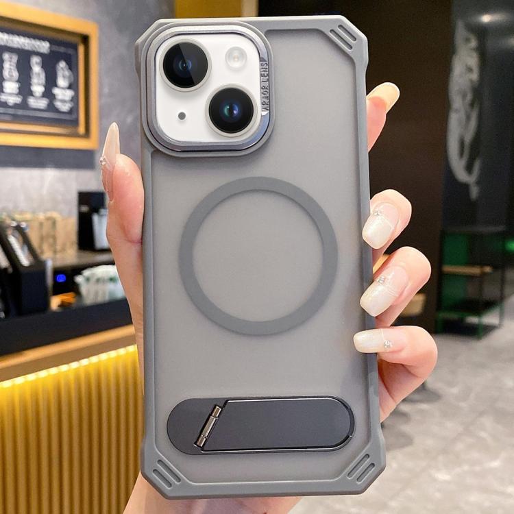 For iPhone 15 Skin Feel Frameless MagSafe PC Phone Case with Fold Holder(Grey) - iPhone 15 Cases by buy2fix | Online Shopping UK | buy2fix