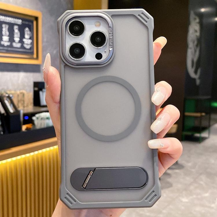 For iPhone 15 Pro Skin Feel Frameless MagSafe PC Phone Case with Fold Holder(Grey) - iPhone 15 Pro Cases by buy2fix | Online Shopping UK | buy2fix