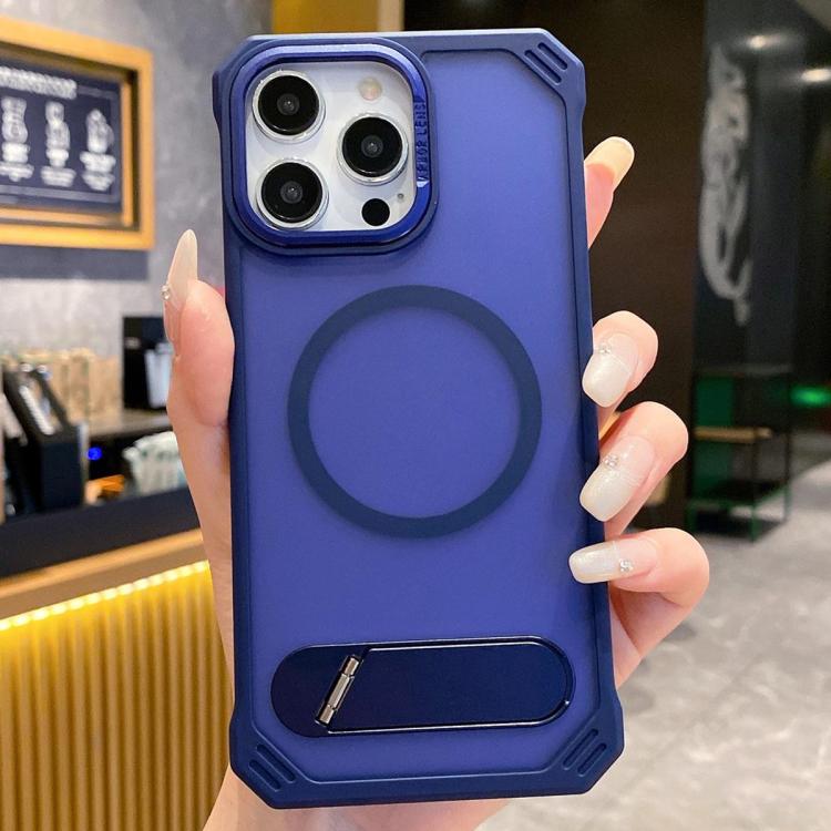 For iPhone 15 Pro Skin Feel Frameless MagSafe PC Phone Case with Fold Holder(Blue) - iPhone 15 Pro Cases by buy2fix | Online Shopping UK | buy2fix