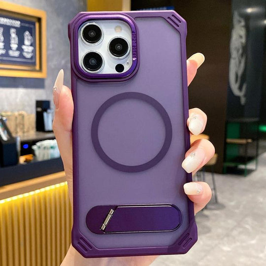 For iPhone 15 Pro Skin Feel Frameless MagSafe PC Phone Case with Fold Holder(Purple)
