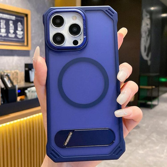 For iPhone 16 Pro Skin Feel Frameless MagSafe PC Phone Case with Fold Holder(Blue)