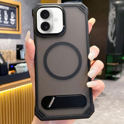 For iPhone 16 Plus Skin Feel Frameless MagSafe PC Phone Case with Fold Holder(Black) - iPhone 16 Plus Cases by buy2fix | Online Shopping UK | buy2fix