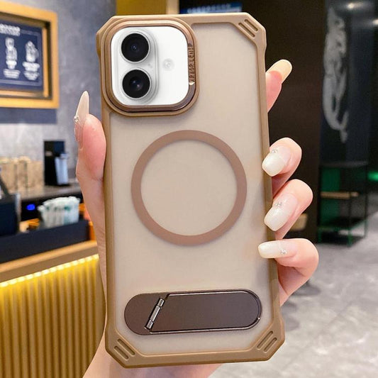 For iPhone 16 Plus Skin Feel Frameless MagSafe PC Phone Case with Fold Holder(Desert Gold) - iPhone 16 Plus Cases by buy2fix | Online Shopping UK | buy2fix