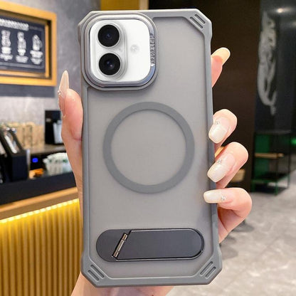 For iPhone 16 Plus Skin Feel Frameless MagSafe PC Phone Case with Fold Holder(Grey) - iPhone 16 Plus Cases by buy2fix | Online Shopping UK | buy2fix
