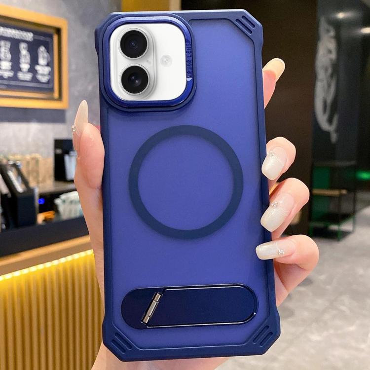 For iPhone 16 Plus Skin Feel Frameless MagSafe PC Phone Case with Fold Holder(Blue) - iPhone 16 Plus Cases by buy2fix | Online Shopping UK | buy2fix