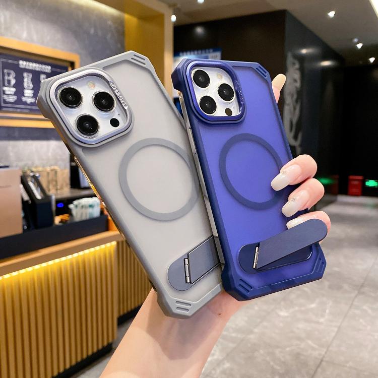 For iPhone 16 Pro Skin Feel Frameless MagSafe PC Phone Case with Fold Holder(Blue) - iPhone 16 Pro Cases by buy2fix | Online Shopping UK | buy2fix