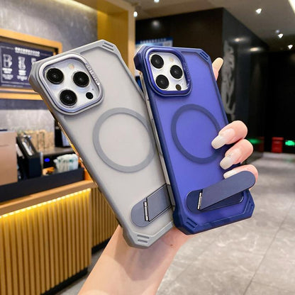 For iPhone 14 Skin Feel Frameless MagSafe PC Phone Case with Fold Holder(Blue) - iPhone 14 Cases by buy2fix | Online Shopping UK | buy2fix