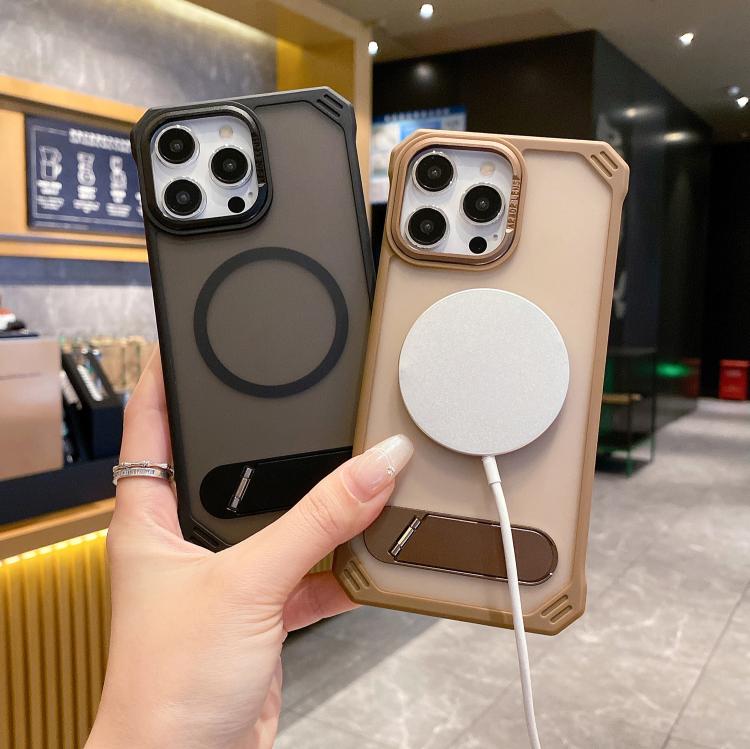 For iPhone 16 Plus Skin Feel Frameless MagSafe PC Phone Case with Fold Holder(Black) - iPhone 16 Plus Cases by buy2fix | Online Shopping UK | buy2fix