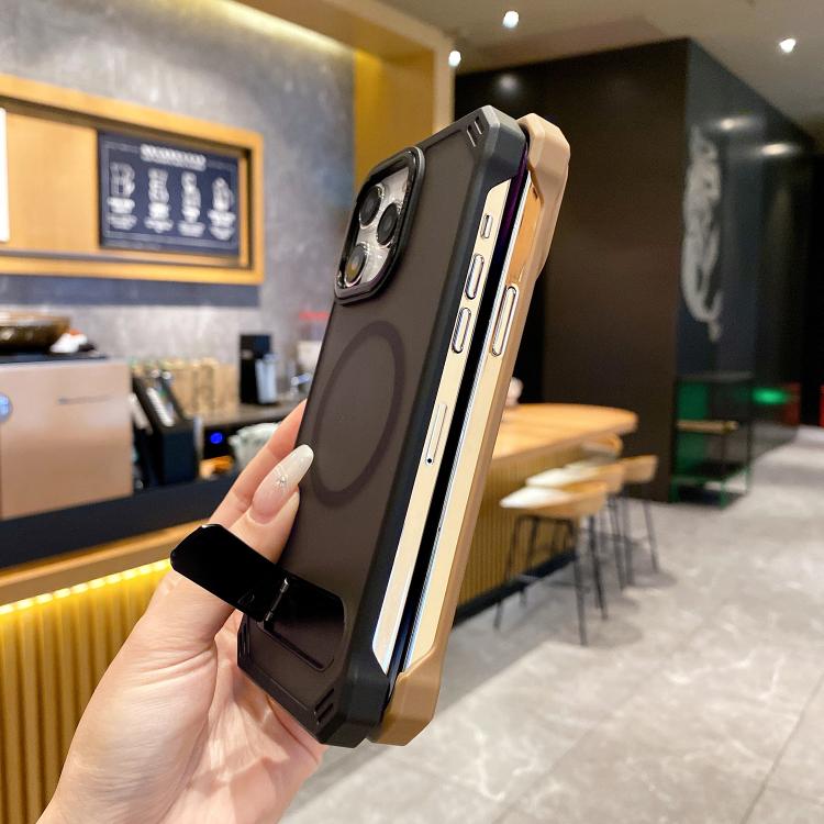 For iPhone 13 Skin Feel Frameless MagSafe PC Phone Case with Fold Holder(Desert Gold) - iPhone 13 Cases by buy2fix | Online Shopping UK | buy2fix