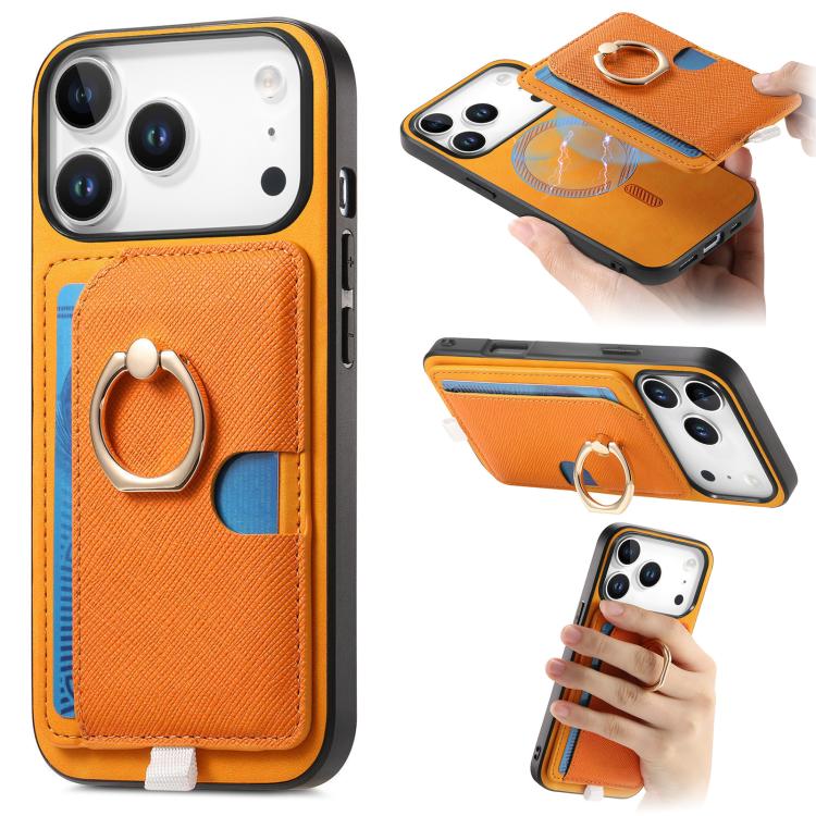 For iPhone 17 Pro Retro Cross Leather Ring Side Insert Card Bag MagSafe Phone Case(Yellow) - iPhone 17 Pro Cases by buy2fix | Online Shopping UK | buy2fix