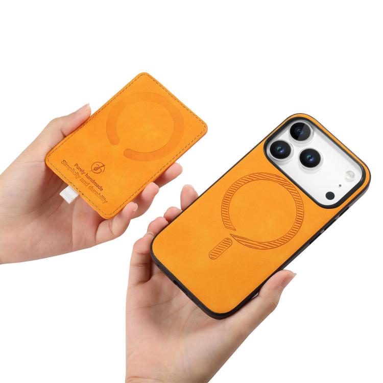 For iPhone 17 Pro Retro Cross Leather Ring Side Insert Card Bag MagSafe Phone Case(Yellow) - iPhone 17 Pro Cases by buy2fix | Online Shopping UK | buy2fix