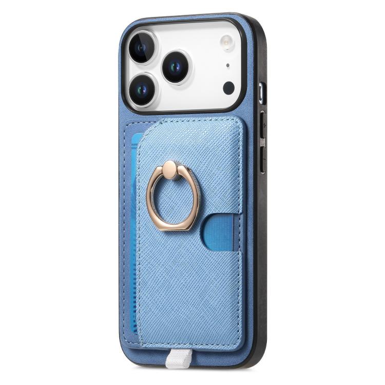 For iPhone 17 Pro Retro Cross Leather Ring Side Insert Card Bag MagSafe Phone Case(Blue) - iPhone 17 Pro Cases by buy2fix | Online Shopping UK | buy2fix