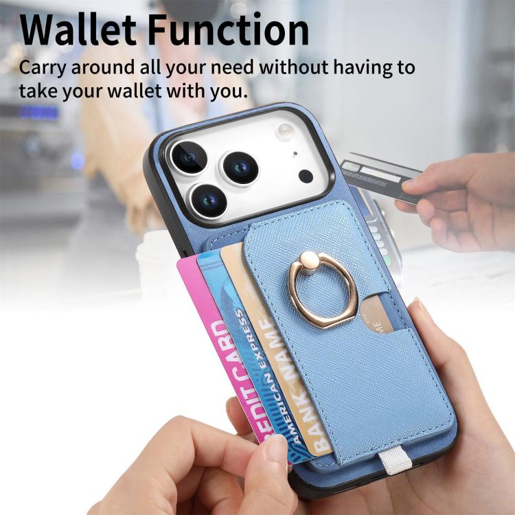 For iPhone 17 Pro Retro Cross Leather Ring Side Insert Card Bag MagSafe Phone Case(Blue) - iPhone 17 Pro Cases by buy2fix | Online Shopping UK | buy2fix
