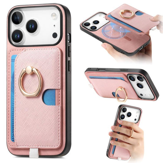 For iPhone 17 Pro Retro Cross Leather Ring Side Insert Card Bag MagSafe Phone Case(Pink) - iPhone 17 Pro Cases by buy2fix | Online Shopping UK | buy2fix
