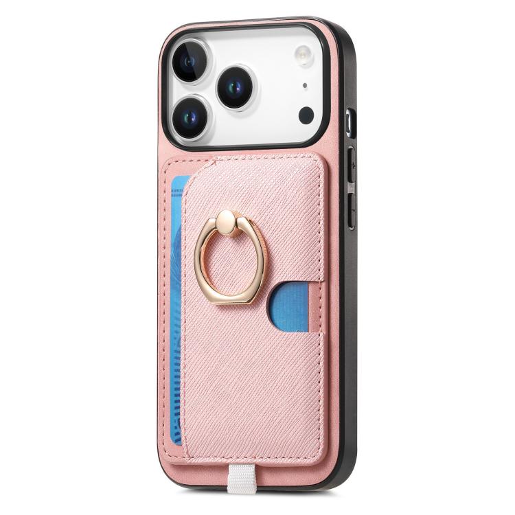 For iPhone 17 Pro Retro Cross Leather Ring Side Insert Card Bag MagSafe Phone Case(Pink) - iPhone 17 Pro Cases by buy2fix | Online Shopping UK | buy2fix