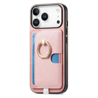 For iPhone 17 Pro Retro Cross Leather Ring Side Insert Card Bag MagSafe Phone Case(Pink) - iPhone 17 Pro Cases by buy2fix | Online Shopping UK | buy2fix