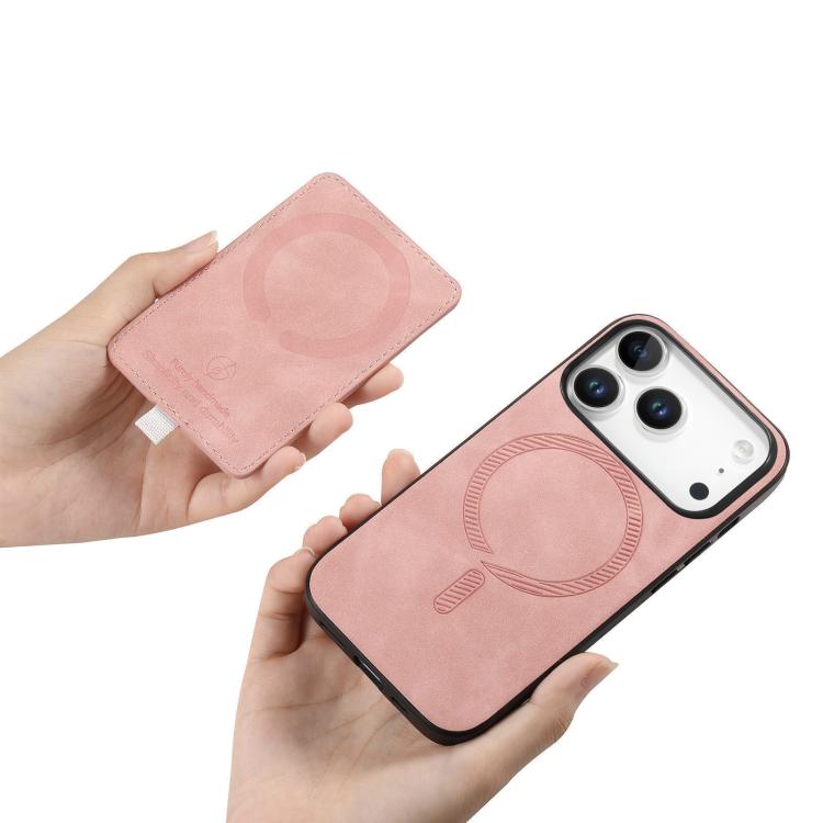 For iPhone 17 Pro Retro Cross Leather Ring Side Insert Card Bag MagSafe Phone Case(Pink) - iPhone 17 Pro Cases by buy2fix | Online Shopping UK | buy2fix