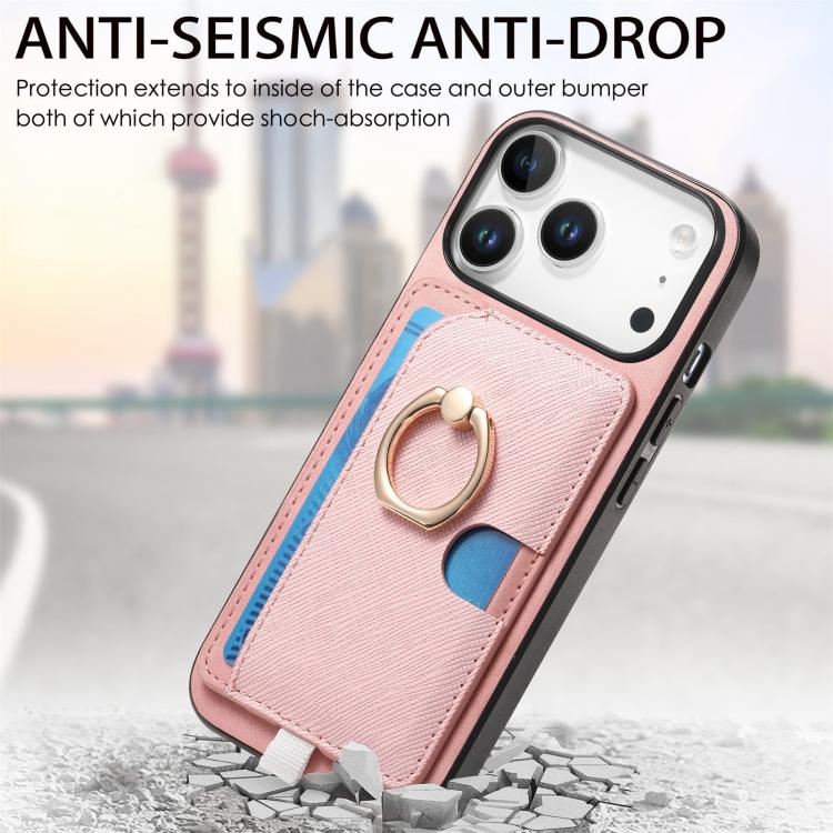 For iPhone 17 Pro Retro Cross Leather Ring Side Insert Card Bag MagSafe Phone Case(Pink) - iPhone 17 Pro Cases by buy2fix | Online Shopping UK | buy2fix