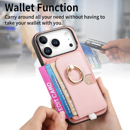 For iPhone 17 Pro Retro Cross Leather Ring Side Insert Card Bag MagSafe Phone Case(Pink) - iPhone 17 Pro Cases by buy2fix | Online Shopping UK | buy2fix