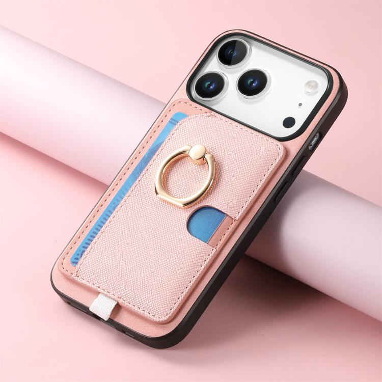 For iPhone 17 Pro Retro Cross Leather Ring Side Insert Card Bag MagSafe Phone Case(Pink) - iPhone 17 Pro Cases by buy2fix | Online Shopping UK | buy2fix