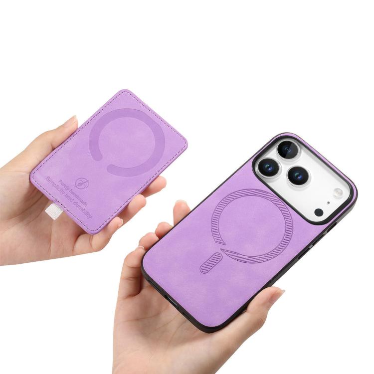 For iPhone 17 Pro Retro Cross Leather Ring Side Insert Card Bag MagSafe Phone Case(Purple) - iPhone 17 Pro Cases by buy2fix | Online Shopping UK | buy2fix