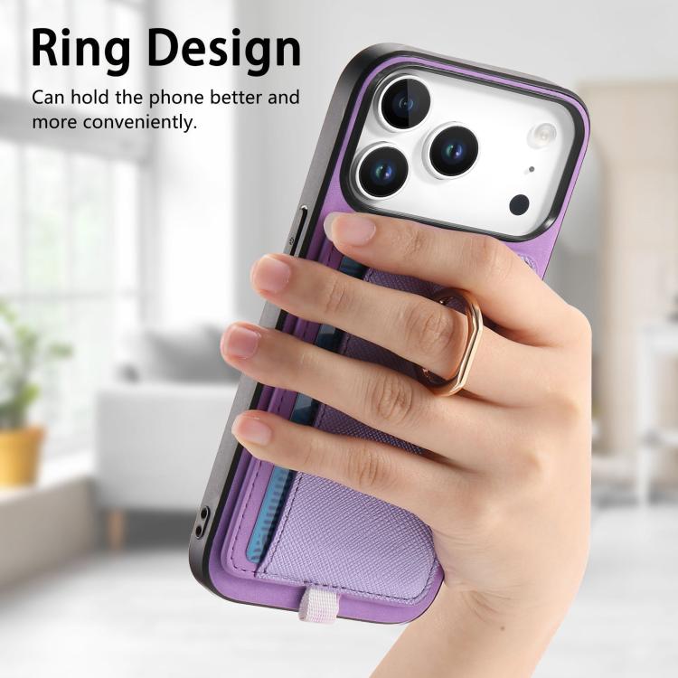For iPhone 17 Pro Retro Cross Leather Ring Side Insert Card Bag MagSafe Phone Case(Purple) - iPhone 17 Pro Cases by buy2fix | Online Shopping UK | buy2fix