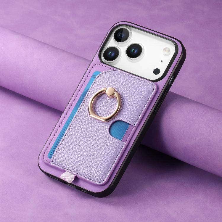 For iPhone 17 Pro Retro Cross Leather Ring Side Insert Card Bag MagSafe Phone Case(Purple) - iPhone 17 Pro Cases by buy2fix | Online Shopping UK | buy2fix