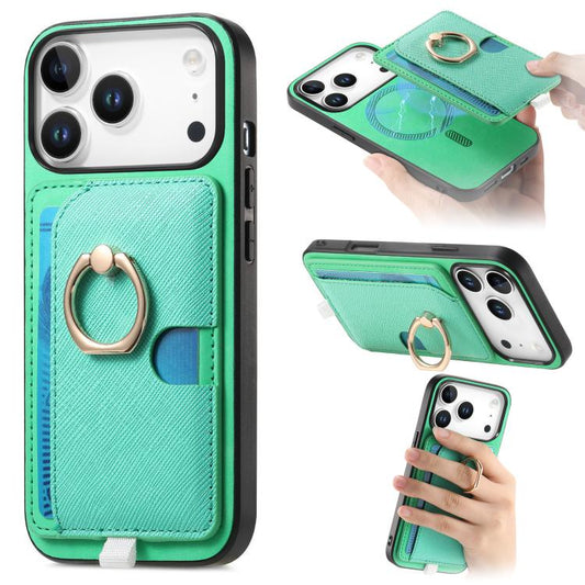 For iPhone 17 Pro Retro Cross Leather Ring Side Insert Card Bag MagSafe Phone Case(Green) - iPhone 17 Pro Cases by buy2fix | Online Shopping UK | buy2fix
