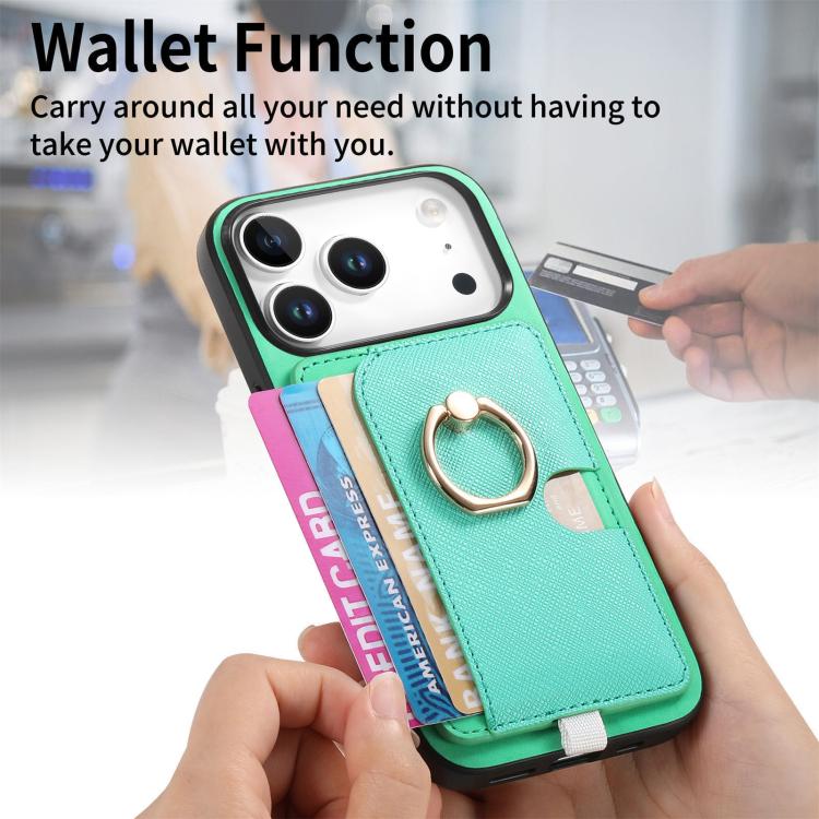 For iPhone 17 Pro Retro Cross Leather Ring Side Insert Card Bag MagSafe Phone Case(Green) - iPhone 17 Pro Cases by buy2fix | Online Shopping UK | buy2fix