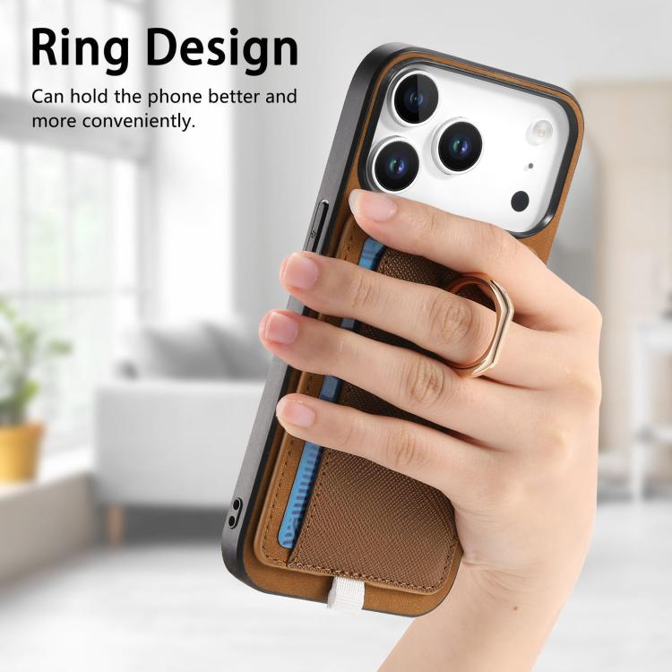 For iPhone 17 Pro Retro Cross Leather Ring Side Insert Card Bag MagSafe Phone Case(Brown) - iPhone 17 Pro Cases by buy2fix | Online Shopping UK | buy2fix